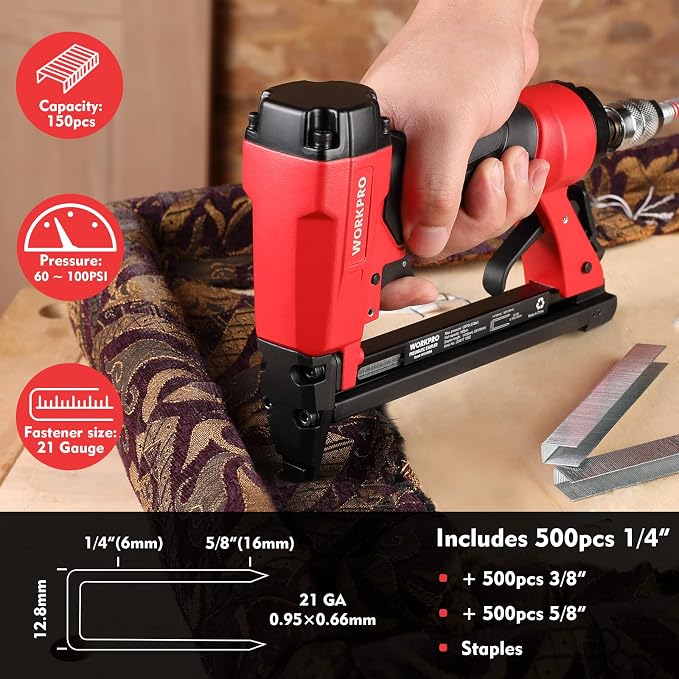 WORKPRO 8016 Pneumatic Staple Gun, 21 Gauge Upholstery Stapler with 1500pcs Staples 1/4" to 5/8", Air-Powered, Rear Exhaust, for Carpentry, Woodworking and DIY Projects