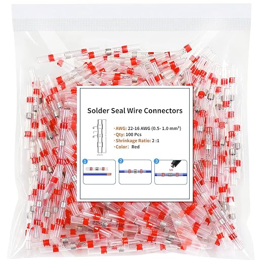 100PCS Solder Seal Wire Connectors, Heat Shrink Wire Connectors Kit, Waterproof Heat Shrink Butt Connectors for Marine Automotive Boat Truck RV Wiring, AWG 22-18, 1 Sizes, Red