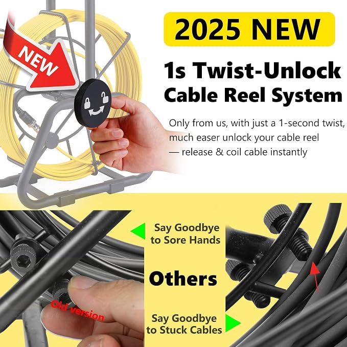 𝟐𝟎𝟐𝟓 𝐍𝐞𝐰 7” Sewer Camera, HD 1080P w/DVR-32GB, [NEW 1s Twist-to-Unlock System] Plumbing Snake Pipe Inspection Camera, [Thicker Cable Reel] Drain Camera, 5000mAh, [360°+180° Rotate] 100ft/30m