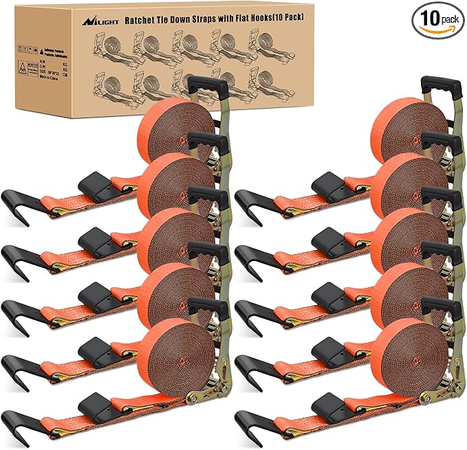 Nilight Flat Hook Ratchet Straps 10 Pack 2 in x 30 Ft Heavy Duty Tie Down Straps 10,000 Lbs Breaking Strength for Truck, Trailers Pickup Orange