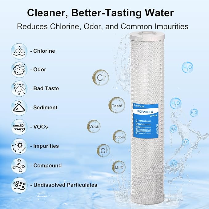 5 Micron 20" x 4.5" Whole House CTO Coconut Shell Activated Carbon Water Filter Replacement Cartridge, Compatible with WCBCFF20, CB-45-2005, CB-BB-20, FC25B, CTO20BB, 2-Pack