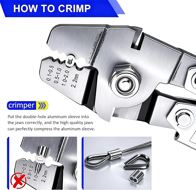 Twidec/Wire Rope Crimping Tool Kit Up To 2.2mm Swaging Tool With 165FT 1/16'' 304 stainless steel Wire Rope And 150PCS 1/16''Aluminum Crimping Loop Sleeve 20PCS Wire Rope Thimbles