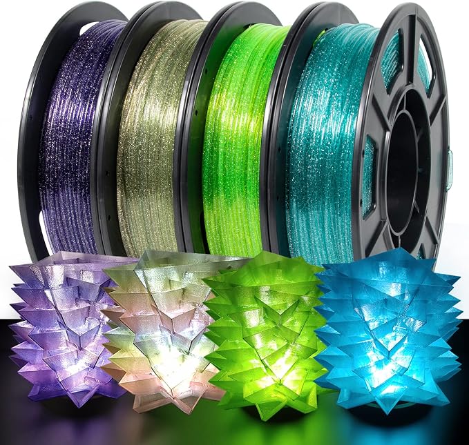IEMAI 250g Glitter Clear PETG Filament 1.75mm Bundle, Sparkly Transparent Finish 3D Printer Filament 250g Spool 4 Rolls Rainbow+Blue-Purple+Blue+Green, for Most FDM 3D Printers