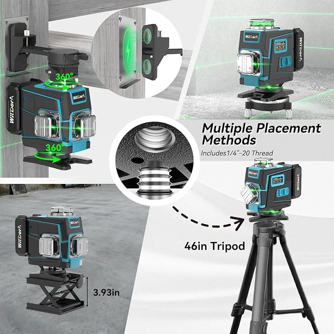 Laser Level with Tripod, 4x360° Self Leveling ±4° Laser Level, Remote Control 4D Green 16 Line Laser Leveler Tool for Woodworking&Renovation, with 2x4800mAh Li-ion Batteries&Hard Carry Case