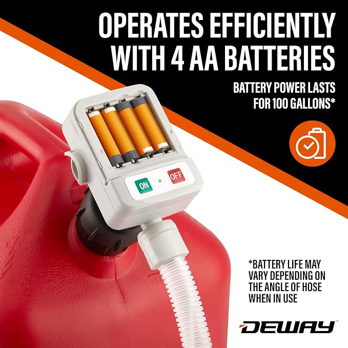 DeWay Fuel Transfer Pump for Gas Can with Basic Clip-On Nozzle | Fast 2.4GPM Flow Rate, Long 51” Tube, Easy 4 AA Battery Power & 3 Fuel Can Adapters for Gasoline, Kerosene, Diesel & Non-Potable Water