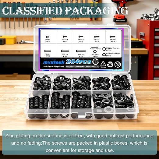 mxuteuk 204PCS M6 Screws,M6x8/10/12/16/20/25/30/35mm Hex Button Head Cap Bolts with Nuts & Washers,10.9 Grade Alloy Steel Black Zinc Screws Assortment Kit for 3D Printing,DIY