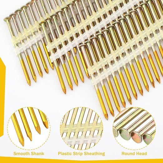 Pasimy 1000 Per Box 2 x 0.113 Inch Framing Nails 21 EG Degree Smooth Shank Plastic Collated Galvanized Full Round Head Framing Nails