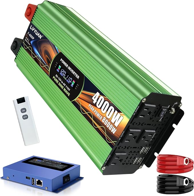 4000 Watt Pure Sine Wave Inverter, DC 12V to 120V AC Power Inverter for Vehicle, RV, Truck, Off-Grid, Car Power Inverter with 4 AC Outlet, 20W USB-C, 5V/3.1A USB, Remote & Panel Control, Surge 8000W