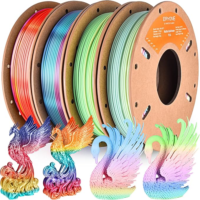 ERYONE PLA Filament 3D Printer Filament Bundle Multicolor 1.75mm +/- 0.03mm, PLA Filament 250g Spool, 4 Rolls, Silk Rainbow 2