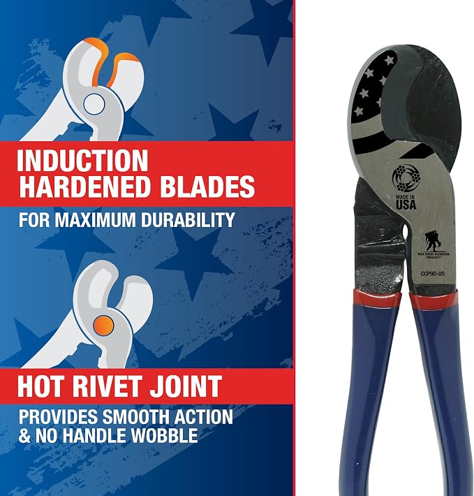 Southwire 9" Cable Cutter Wounded Warrior - Built from American Forged Steel for Tough Jobs - Induction-Hardened Blades - Dipped Comfort Handles - Precision Cable Cutting Tool