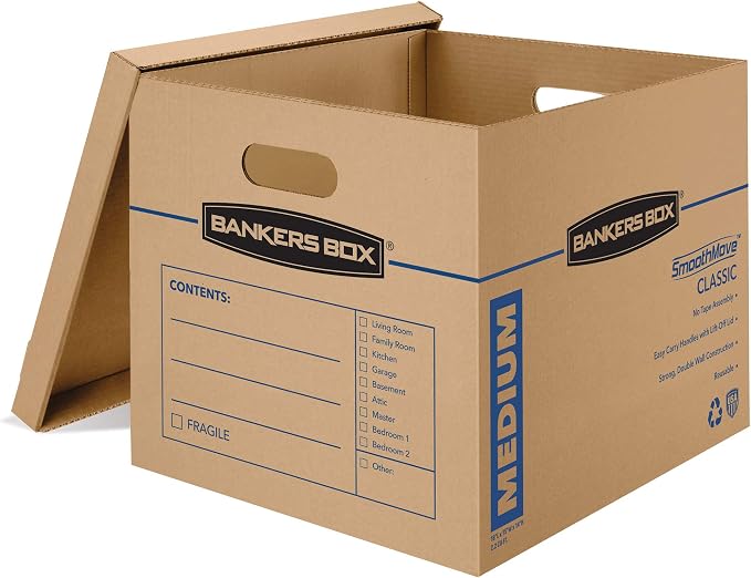 Bankers Box Medium Classic Moving Box 20 Pack, Reinforced Handles, Tape-Free Assembly, Box with Lid, 19" x 14.5" x 15.5", Cardboard