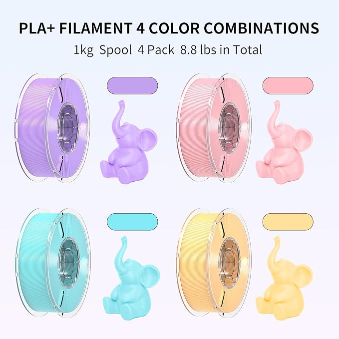 RAMBERY PLA+ 3D Printer Filament, 4KG PLA Filament Bundle, 4 Colors | Toughness Upgraded, Taro Purple/Cherry Pink/Sky Blue/Creamy Yellow, 1KG X 4 Spools, Fit Most FDM Printers