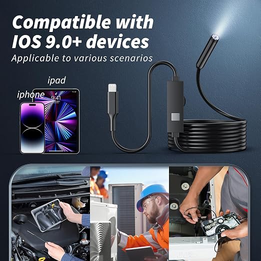 Kinpthy Endoscope Camera with Light, 1920P HD Borescope Tools with 8 Adjustable LED Lights, Endoscope with Semi-Rigid Snake Camera, Inspection Borescope for iOS - 16.3ft Single Line Single Lens