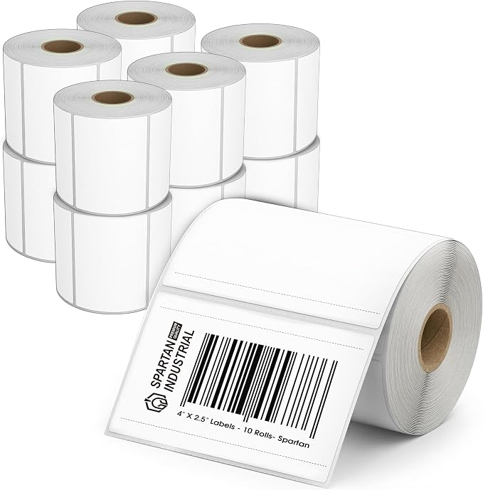 Spartan Industrial - 4" X 2.5" Direct Thermal Labels (5750 Count, 10 Rolls) - Barcode Thermal Stickers, Shipping and Address Label Roll for Packaging - Compatible with Zebra and Rollo Printers