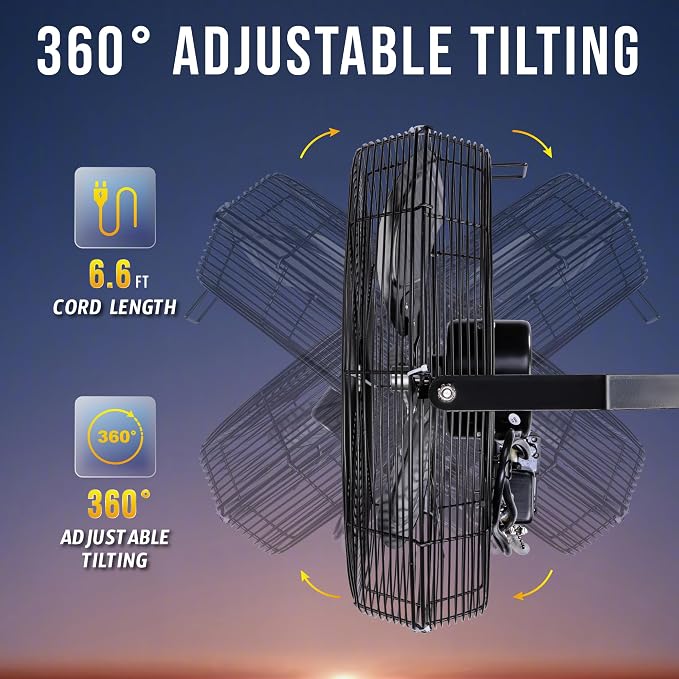 Tornado 18" Outdoor IPX4 Rated Water-Resistant Metal Industrial Wall Mount Fan, 3 Speed High Velocity Wall Fan For Commercial, Industrial, Residential Use, 4150 CFM 6.6 FT Cord 180°Tilting, Black