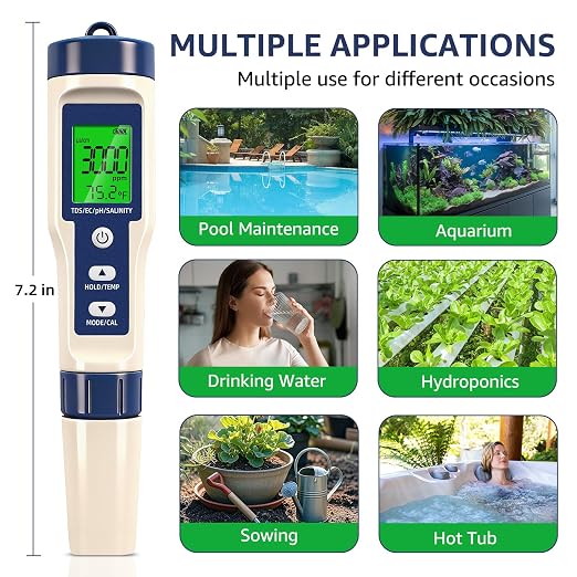 Pool Salt Tester & PH Meter - 5-in-1 Digital TDS Meter for Salinity PH Temp and EC, 0.01 High Accuracy, Swimming Pool, Hydroponics, Aquarium, Hot Tub, PPM Meter for Pool, Drinking Water, Wine, Food
