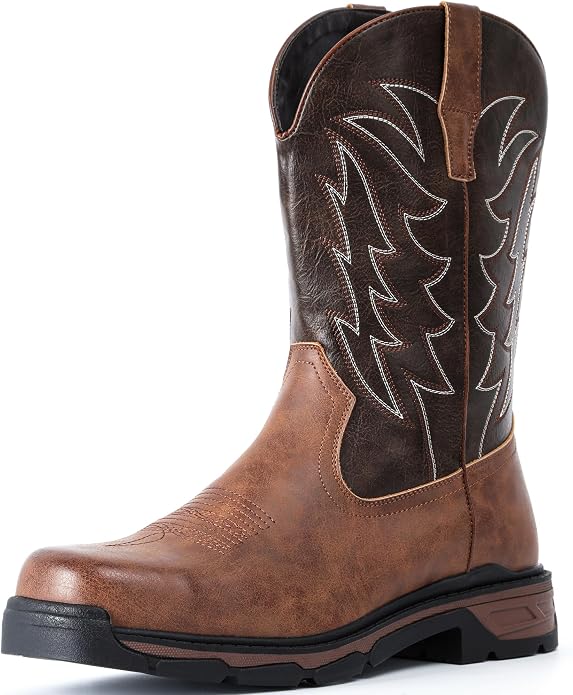 ANGRYRAM Cowboy Work Boots for Men Square Toe Leather Western Boot Slip Resistant Indestructable Steel Toe Safety Boots for Men Work-Man Pro Series