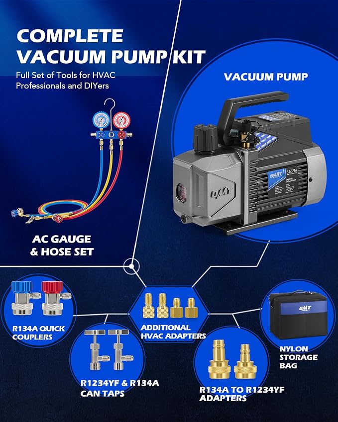 Orion Motor Tech A2L AC Vacuum Pump and Gauge Set, for R1234yf R32 R134a R410A Systems with 3.5 cfm Sparkless Ignition Proof Vacuum Pump, 3 Way AC Gauges Quick Couplers Can Taps Hoses Thermometer