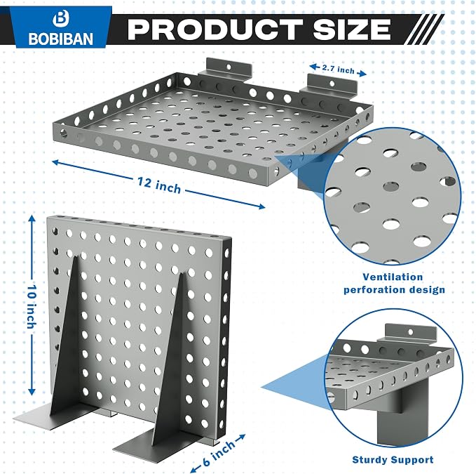 2 Pack Slatwall Shelves, Heavy Duty Grey Metal Slat Wall Shelf for Retail, Garage, Home Storage, 20 lbs Load Capacity, Universal Slatwall Accessories(10 x 12 Inch-2, Grey)