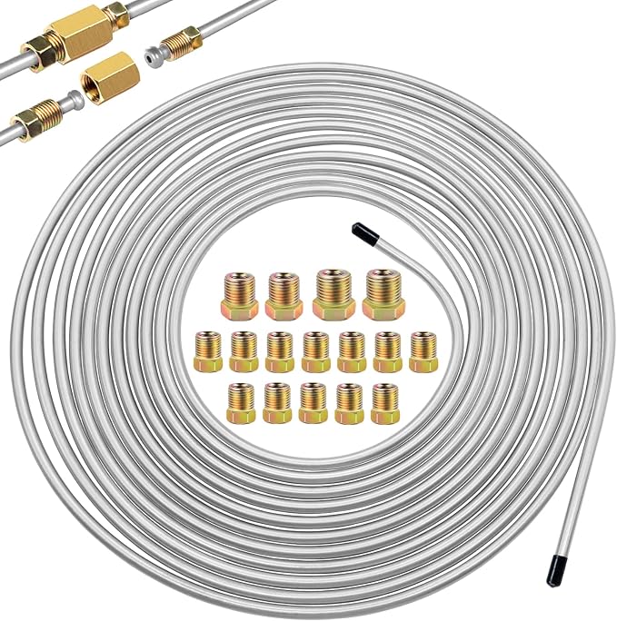 1/4Inch x 25 ft Brake Line Tubing Kit Flexible Zinc Coated Alloy Brake Line Tubing Coil with 16 Inverted Flare Fittings SAE Standard