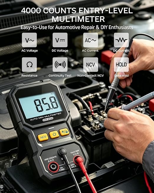 DM202 Mini Multimeter, 4000 Counts True RMS Auto-Ranging, NCV, Voltage/Current/Resistance/Continuity, Data Hold Backlight, Portable Pocket Meter for Auto Home Electrical Test