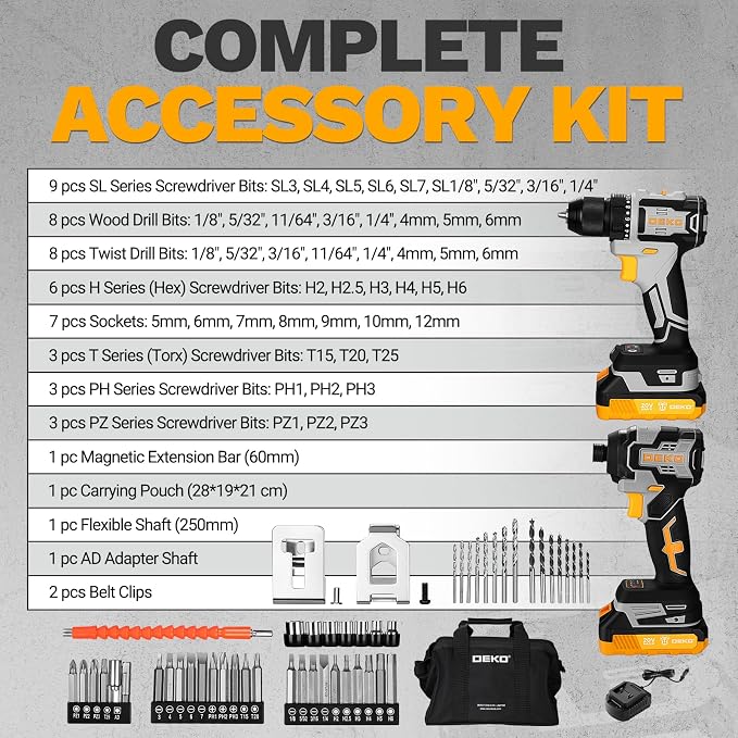 Cordless Drill & Impact Driver: DEKOPRO 20V Brushless Power Drill and 20V Brushless Impact Driver Set, Power Tool Set with 2x2.0Ah Batteries, Charger, Bag & 52xAccessories-Yellow