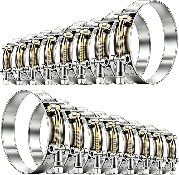 Tnisesm 16Pcs 8 Sizes T-Bolt Hose Clamps, 304 Stainless Steel Heavy Duty Hose Clamp Assortment Set Working Range 28-91mm for 1-3inch Hose ID, Radiator Turbo Intake Soft Hose Intercooler Clamps