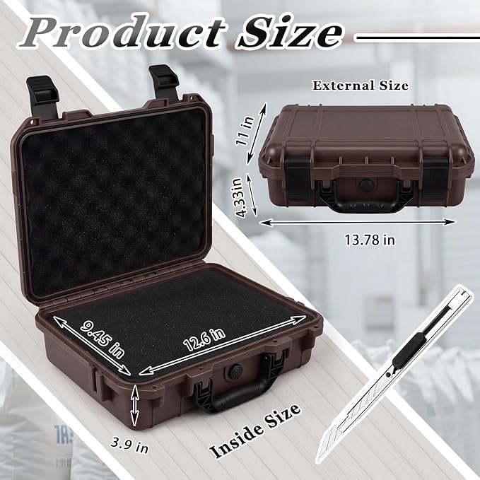 Relaxweex 1 Pcs Waterproof Hard Case with DIY Customizable Foam Insert Portable Protective Case with Knife for Camera Drones Equipments Tools Test Instruments(Brown,14.3 x 11.4 x 4.5 Inch)