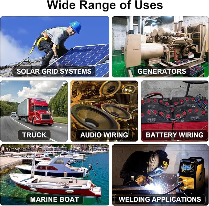 1/0 Gauge Battery Cable,iGreely 1/0 AWG 30 Ft Black+30 Ft Red Copper Welding Wire for Auto Generator Solar Marine,5pcs of 5/16"" & 5pcs 3/8"" Copper Lug Terminal Connector with Heat Shrink Tubing