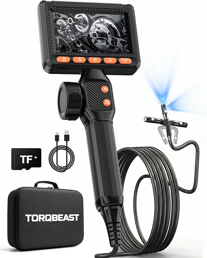 6mm Two-Way Borescope, Dual Lens Endoscope Camera with Light, 1080P HD Inspection Camera with TF Card, 210° Articulating Borescope, IP67 Waterproof, 5FT Snake Camera for Wall Automotive