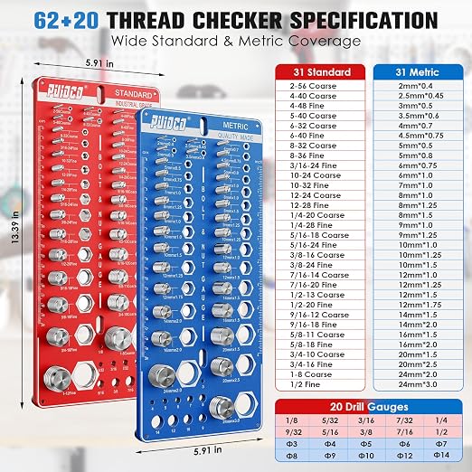 82 Nut and Bolt Thread Checker Standard and Metric, Thread Gauge SAE and Metric with 31 Standard & 31 Metric & 20 Drill Bit Gauge, Screw Size Checker Bolt Size Finder for Quickly Identify