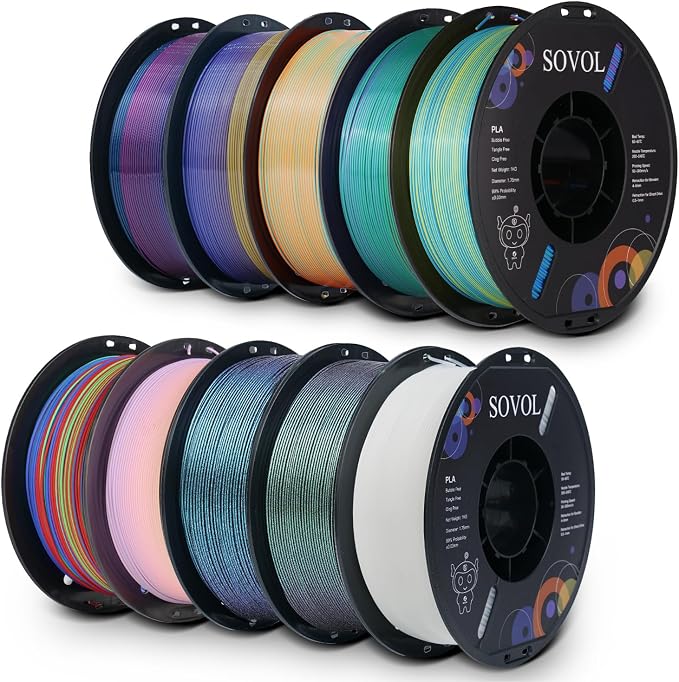 Sovol PLA Filament 10KG, Silk Tri Color & Dual Color Co-Extrusion PLA, Shiny Multicolored Fast Change Rainbow 3D Printer Filament, Matte & Glitter & Glow in The Dark PLA 1.75mm 1kg/ 2.2lbs +/-0.03mm
