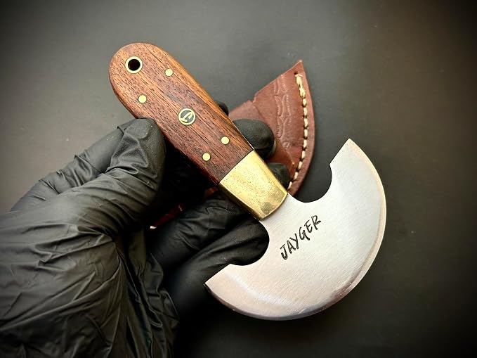 Handmade Round Head Knife | Carbon Steel | Half Moon Leather Working Knife | Wooden Handle | Skiver Knife for DIY Leathercraft | With Leather Sheath