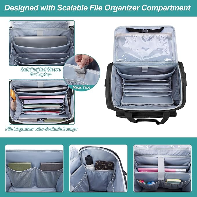 CURMIO Rolling Teacher Bag with Wheels, Teacher Cart with Wheel, Rolling Briefcase with Accordion Organizer and 15.6" Laptop Sleeve for Work, Black(Patented Design)