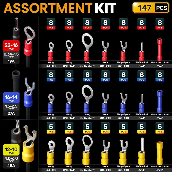 SOMELINE Wire Connectors Kit with Crimping Tool, 21 Types (UL Listed) Premium Insulated Electrical Terminals Assortment, 22-10 AWG Ratchet Wire Crimper - Ring, Fork, Butt, Pin Connectors (147 Pcs)