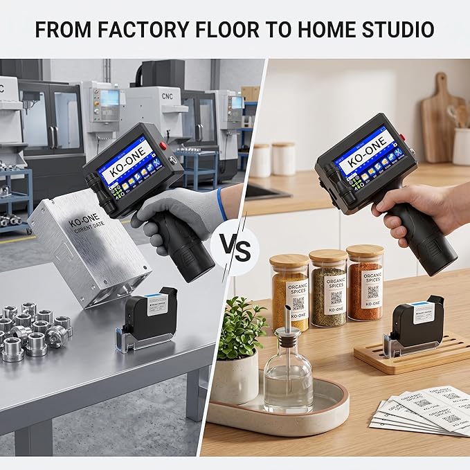 KOONE Handheld Inkjet Printer, 0.5 Inch Nozzle, Portable Inkjet Printer Gun for Text QRCode Barcode Production Date Time Logo Batch Number Print on Metal Wood Glass Cloth Carton Plastic (Black)