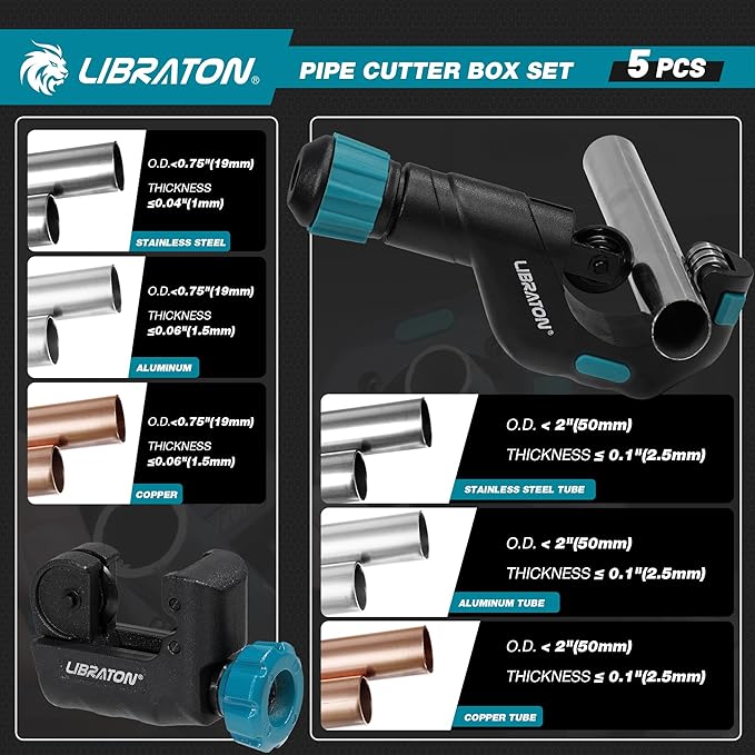LIBRATON Pipe Cutter Tool 1/8"- 2", Heavy-Duty Copper Tube Cutters, PEX Pipe Cutter, Deburring Tool & Pipe Reamer, 5PCS Tube Cutting Set for Copper, Aluminum, PEX, PVC, with Blow Molded Case