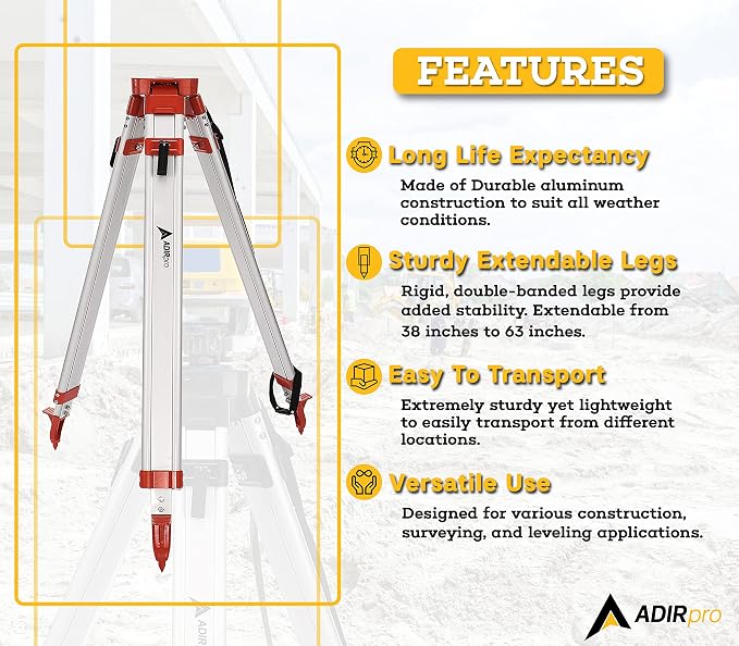 AdirPro Laser Level Tripod - Universal Heavy Duty Survey & Transit Tripod - 5/8" x 11" Thread - Quick Clamp - Aluminum Construction for Lasers & Levels (Orange)