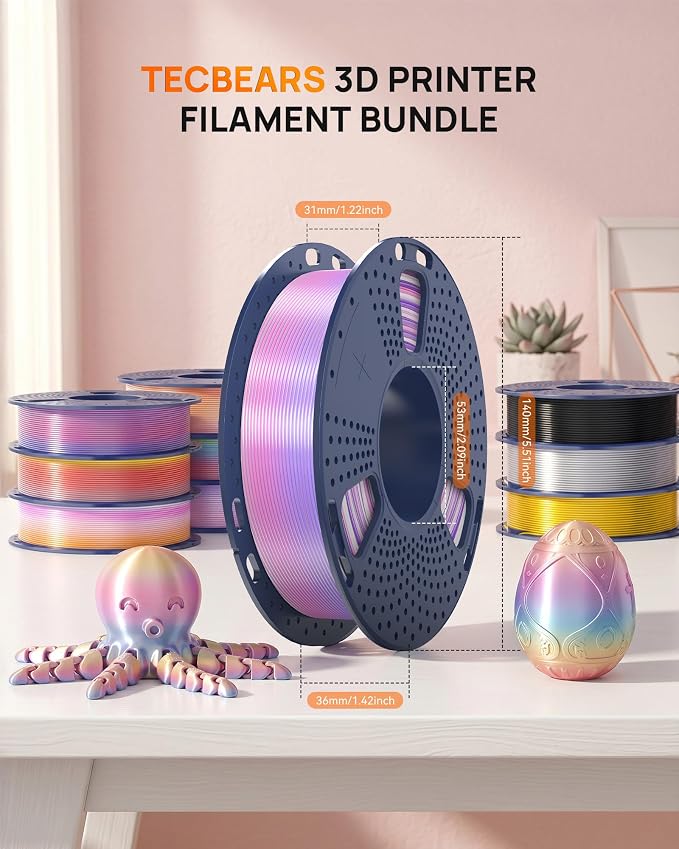 TECBEARS Silk Rainbow PLA+ 3D Printer Filament Bundle for Bambu 3D Printers | Fast Color Change Each 8 Meters, Silky Glossy PLA Plus, 250g Spool, 8 Rolls, 2kg Total, Individually Vacuum Packed