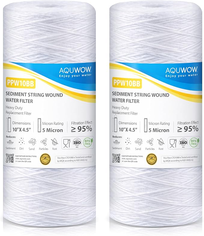 PPW10BB 5 Micron 4.5" x 10" String Wound Sediment Filter Set – Replacement Cartridges for Whole House & Under Sink Systems, Durable Depth Filtration (2, 10 x 4.5)