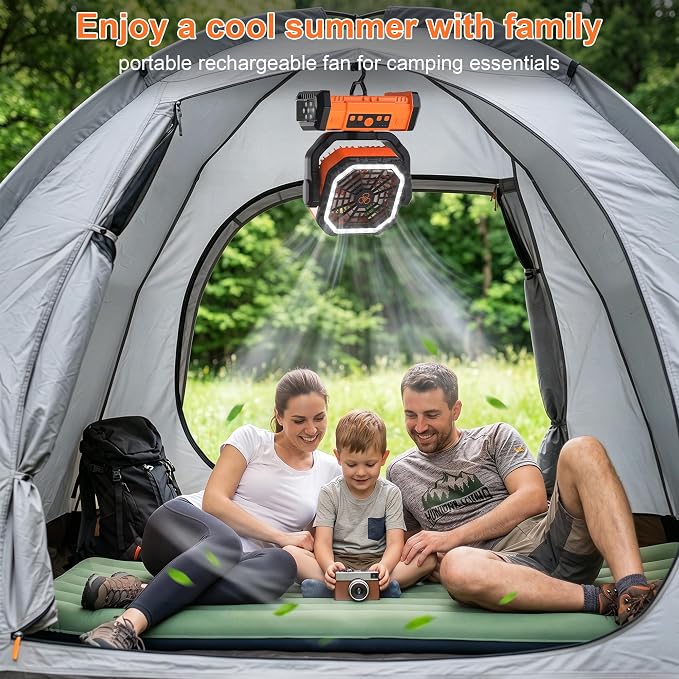 Portable Rechargeable Fan 20000mAh,Cordless Battery Powered Camping Fan with LED Light& Remote,4 Speeds Wind,USB, Timer,Oscillating for Travel Tent,Rv Camping Essentials (Orange)