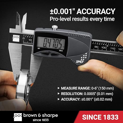 Brown & Sharpe 6" Digital Caliper, IP67 Stainless Steel, Large LCD Display, Locking Screw, ABS/DIFF Measurement, Inch & Millimeter Conversion, High-Contrast Readings