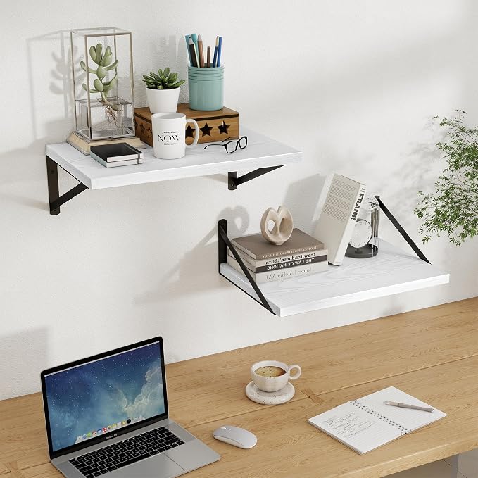 Floating Shelves 12 Inch Deep, 16W x 12D Wall Shelf Set of 2, 35 lbs Heavy Duty Reversible Metal Brackets, Deep Industrial Book Shelf for Living Room Kitchen Bath Bedroom Coffee Bar, White