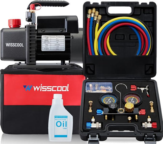 Wisscool 4.5cfm AC Vacuum Pump 4 Way Gauge Set, 110V 1/3 hp HVAC Air Vacuum Pump Manifold Gauge Kit with 4 Hoses Adapters Accessories Carry Bag for R410a R134a R22 Refrigeration Recharging