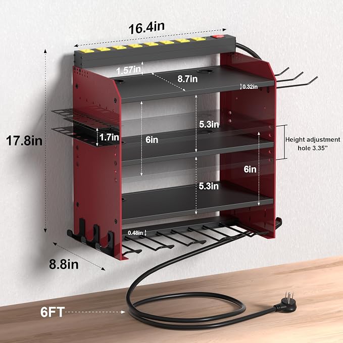 Power Tool Organizer Wall Mount with Charging Station & 8 Outlet,4 Layer Heavy Duty Metal Rack Loads 260lbs for Garage Organization,4 Cordless Drill Holders,Day Gift for Men,Dark Red