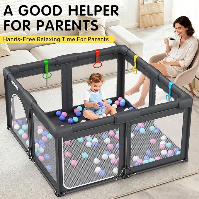 Baby Playpen Foldable Playpen for Babies and Toddlers, Large Playpens Portable Play Pen Play Yard for Kids Fence Indoor Outdoor Travel 4 Handlers 50 Balls Baby Gifts Essentials 50"X50" Dark Grey