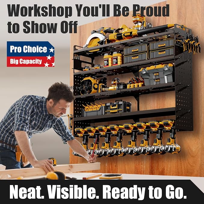 Large 5-Tier Power Tool Organizer Wall Mount, 320lbs Load Capacity Garage Storage Rack with 8 Drill Holders, 34" Heavy Duty Metal Utility Shelf, Holds Over 30 Tools for Garage Workshop