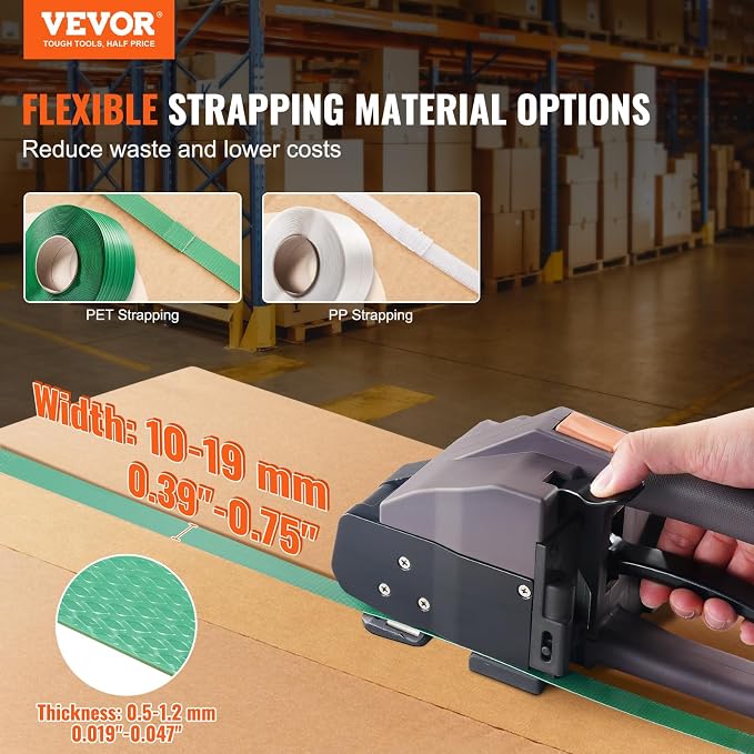 VEVOR Electric Strapping Machine, for 0.39"-0.75" PP PET Straps, Portable Electric Banding Tool with Digital Display, 2 x 4000mAh Battery Powered Automatic Strapping Tool for Packaging Box Pallet