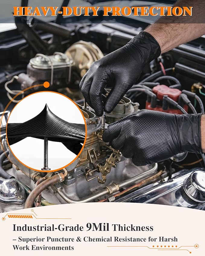 wcy 9mil Heavy Duty Disposable Nitrile Gloves, Black Large 800Pcs -Chemical Resistant, Latex & Powder Free Rubber Gloves Diamond Texture for Automotive, Mechanics, Cooking,BBQ, Industrial Use