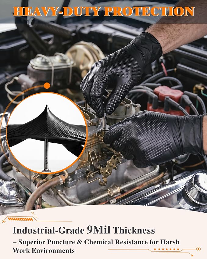 wcy 9mil Heavy Duty Disposable Nitrile Gloves, Black XLarge 80Pcs -Chemical Resistant, Latex Powder Free Rubber Gloves Diamond Texture for Automotive, Mechanics, Cooking,BBQ, Industrial Use